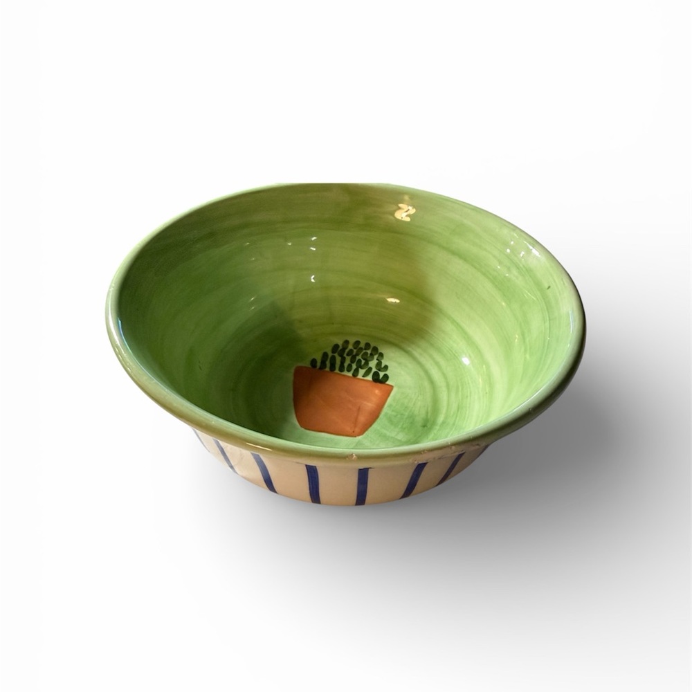 White W/blue stripes Ceramic Bowl inside‎ green rustic Mediterranean style